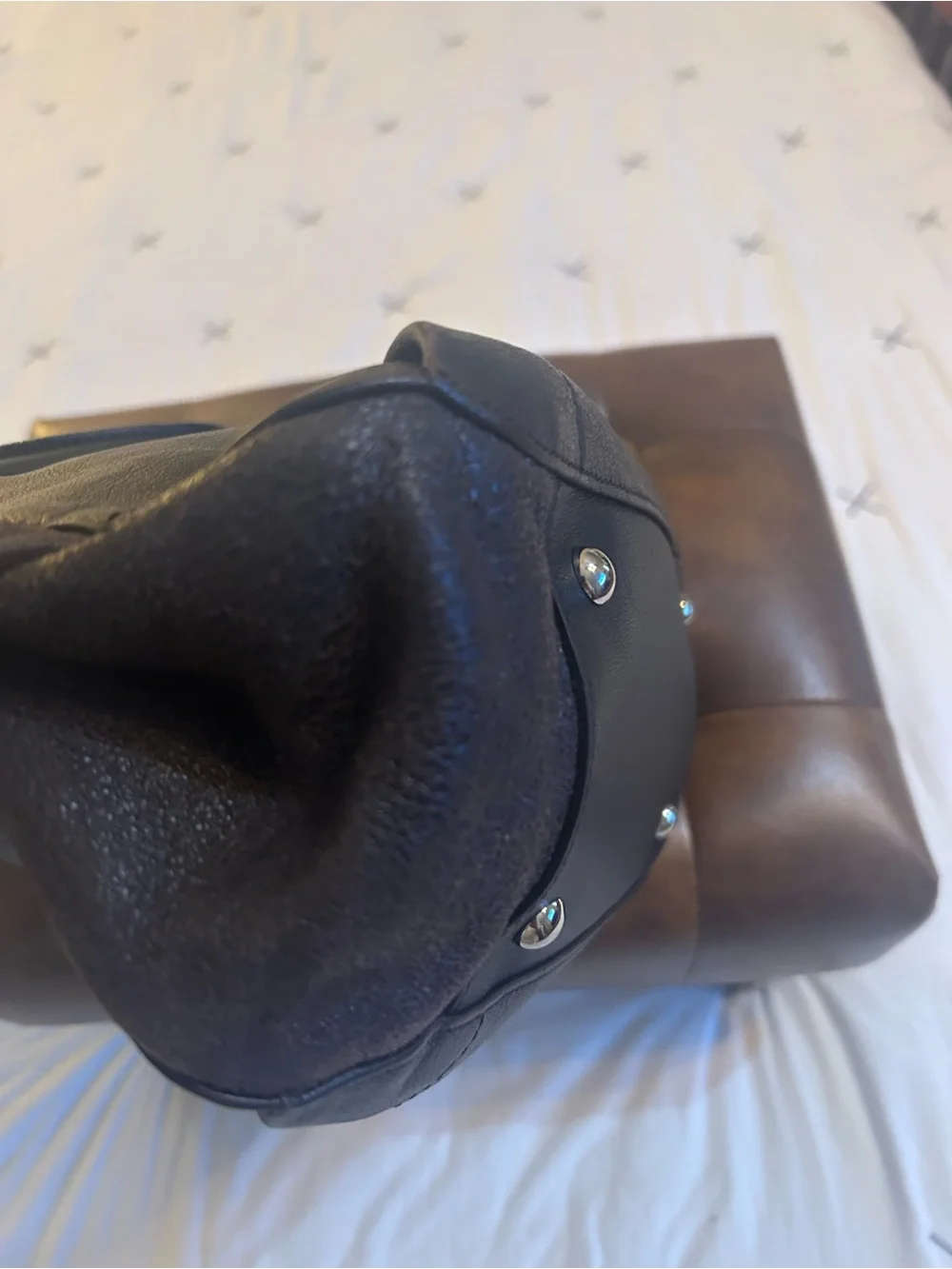 Furla dark brown mixed leather bag with Black Leather handles